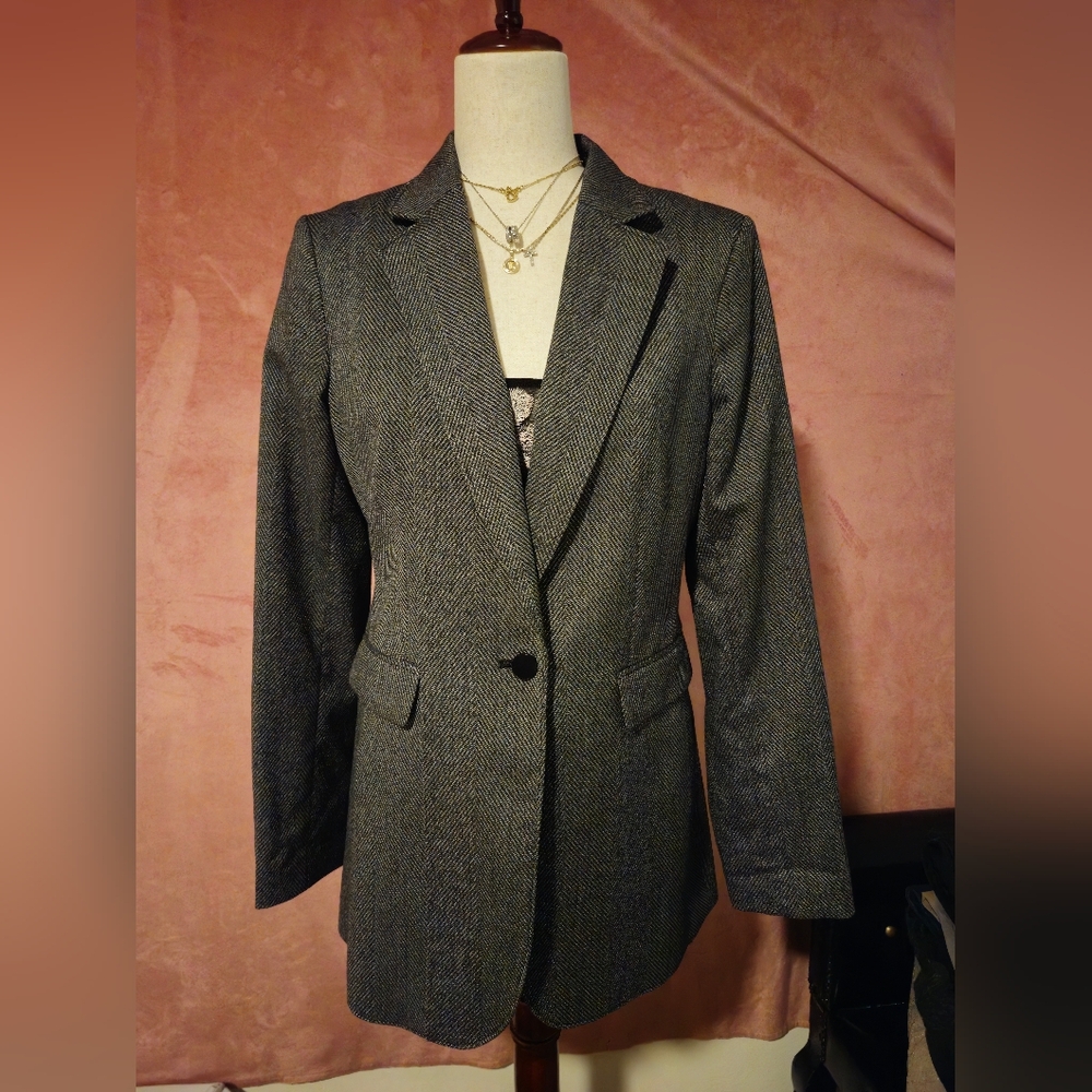 Calvin Klein Womens Petites Herringbone One-Button Blazer Black-Ivory Sz 8